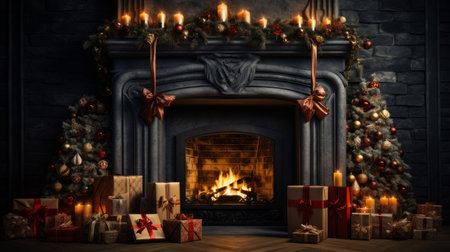 Cozy fireplace at home with Christmas tree and presents.の素材