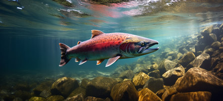Salmon fish swimming in the river or fresh water in a forest. Under water view of salmonの素材