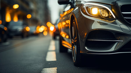 Headlight, vehicle and car for dealership salon, car sales and service repair in city streets atの素材