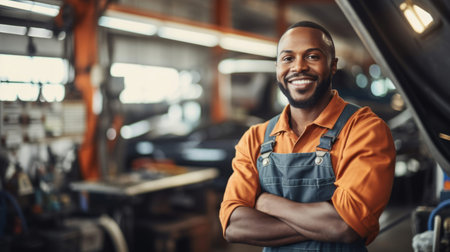 Professional portrait, mechanic or man with arms crossed in engineer or garage workshop. Confidentの素材