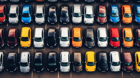 Cars for sale, vehicle or lot for dealership salon in parking or line up. Colorful, model or displayの素材