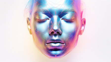 Poly, abstract, digital woman face on a white background for design, 3D render or art. Face, plexusの素材