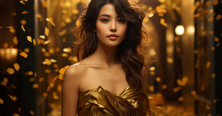 Beauty, glitter and asian woman with gold makeup on black background with art, paint and cosmeticsの素材
