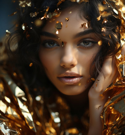 Beauty, glitter and attractive woman with gold makeup on black background with art, paint andの素材