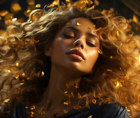 Beauty, glitter and african american woman with gold makeup on black background with art, paint andの素材