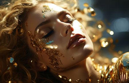 Beauty, glitter and attractive woman with gold makeup on black background with art, paint andの素材