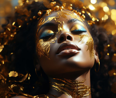 Beauty, glitter and african woman with gold makeup on black background with art, paint and cosmeticsの素材