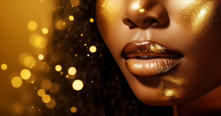 Beauty, glitter and african woman with gold makeup on black background with art, paint and cosmeticsの素材