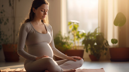 Pregnant, woman, meditate or breathing exercises at home for healthy pregnancy and preparing forの素材