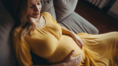 Pregnant, woman and mother touching or caressing her belly while relaxing at home. Expecting, mom toの素材