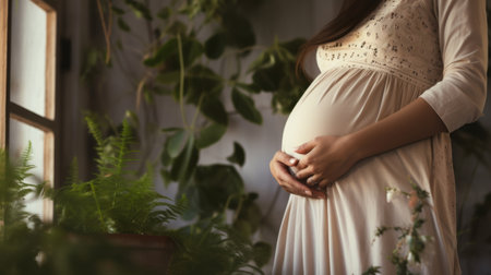 Pregnant, woman and mother touching or caressing her belly while relaxing at home. Expecting, mom toの素材