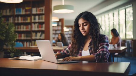 Student, female and portrait of a young girl working, doing an assignment or researching on a laptopの素材