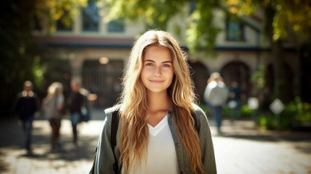Happy, woman or student portrait smiling wearing a backpack, at university, college or schoolの素材