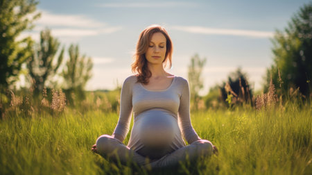 Pregnant, woman, meditate or breathing exercises in garden or nature, for healthy pregnancy andの素材