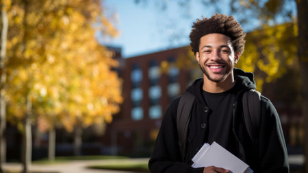 Happy, man or student portrait smiling wearing a backpack, at university, college or schoolの素材
