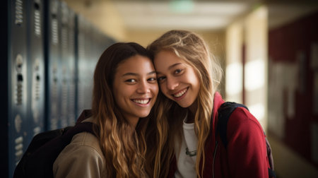 Happy, best friends and women portrait smiling wearing a backpack, in university, college or schoolの素材