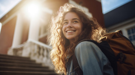 Happy, woman or student portrait smiling wearing a backpack, at university, college or schoolの素材