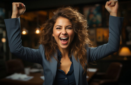 Happy, excited and success business woman celebrating in cafe, winning and cheering for achievementの素材