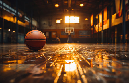 Basketball, indoor and court with ball on floor for athletic competition, fitness and recreation lowの素材