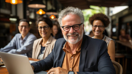 Portrait, happy or mature man in a meeting planning a branding, advertising or marketing strategyの素材