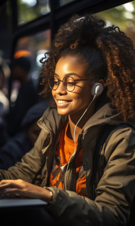 Woman, scholar and student with earphones, laptop and typing with a smile, connection and onlineの素材