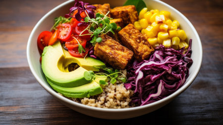 Asian healthy, buddha bowl and lunch with superfood, vegetables or delicious balanced meal for dietの素材
