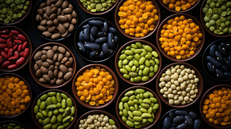Various legumes, bean and seed flat lay mixture for studio background, eating and health. Colourfulの素材
