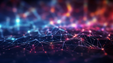 Network, lines and dots on a black background for internet connection, artificial intelligence andの素材