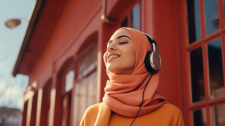 Muslim, woman and listening to music in city for entertainment, podcast and meditation. Beautifulの素材