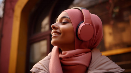 Muslim, woman and listening to music in city for entertainment, podcast and meditation. Beautifulの素材