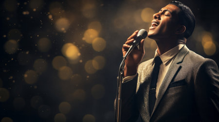 Man, musician and singing of a jazz, blues or soul music artist singer on a stage at night. Handsomeの素材