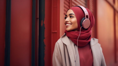 Muslim, woman and listening to music in city for entertainment, podcast and meditation. Beautifulの素材