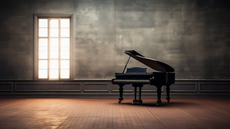 Grand piano, antique and empty room for classical music, entertainment and song writing with grungeの素材