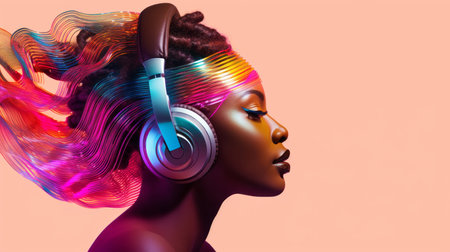 Woman, headphones and abstract sound wave flow with mockup for music, audio or entertainment on aの素材