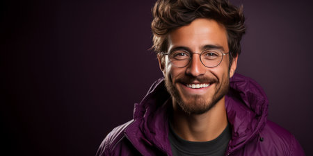 Mockup, portrait and bearded man with glasses, smile and optometry on a dark studio background. Faceの素材