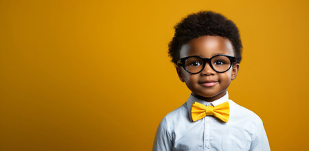 Child, portrait and fashion with yellow bow tie, glasses and smile on mockup banner background. Faceの素材