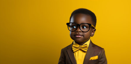 African-american, child and fashion with yellow bow tie, glasses and smile on mockup bannerの素材