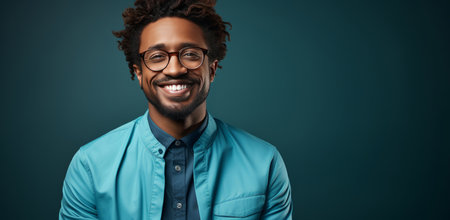 Mockup, portrait and black man with glasses, smile and optometry on a green studio background. Faceの素材
