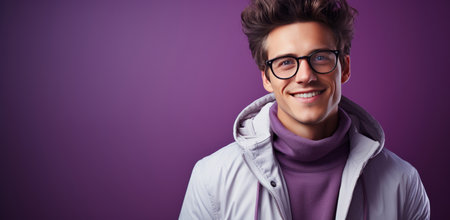 Mockup, portrait and young man with glasses, smile and optometry on a purple studio background. Faceの素材