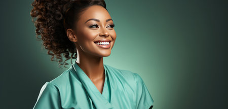African american, mockup and mixed race woman with scrubs, nurse and helper against a green studioの素材