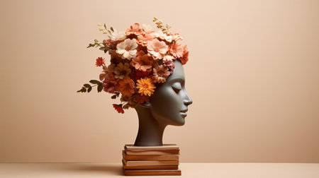 Flowers, mental health and awareness sculpture of a head for brain, creativity and depressionの素材