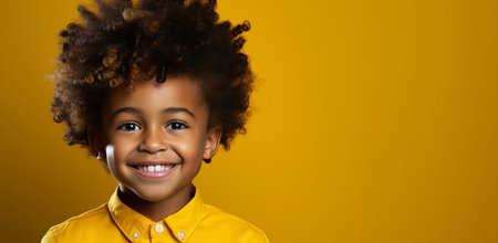 African american, child and fashion with afro, excitement and smile on mockup banner backgroundの素材