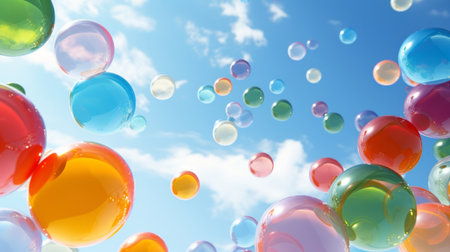 Spheres, balls or balloons floating on a sky background for celebration, birthday or eventの素材