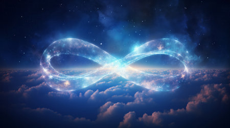 Infinity, symbol and icon in space for science, education and technology. Starry, sky andの素材