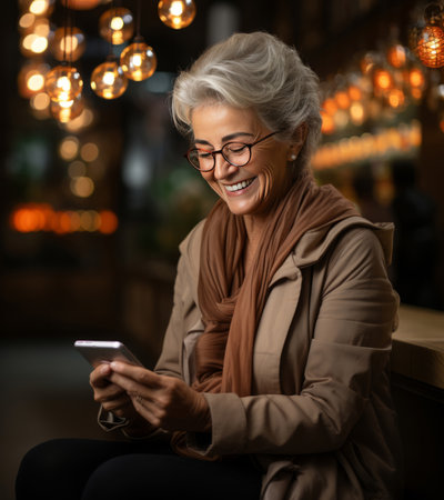 Senior woman, casual business wear and phone for social media app, internet and website on cafeの素材