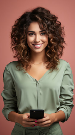 Mixed race woman, portrait and phone for social media app, internet and website on dark backgroundの素材