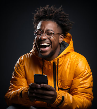 Black man, phone and laughing on studio background for internet joke, meme and social media comedyの素材