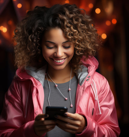Mixed race woman, portrait and phone for social media app, internet and website on dark backgroundの素材