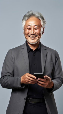 Senior asian man, portrait and phone for social media app, internet and website on color backgroundの素材
