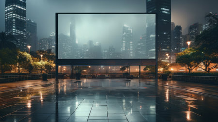 Buildings, night or mockup for advertising billboard, commercial product or logo design in cityの素材